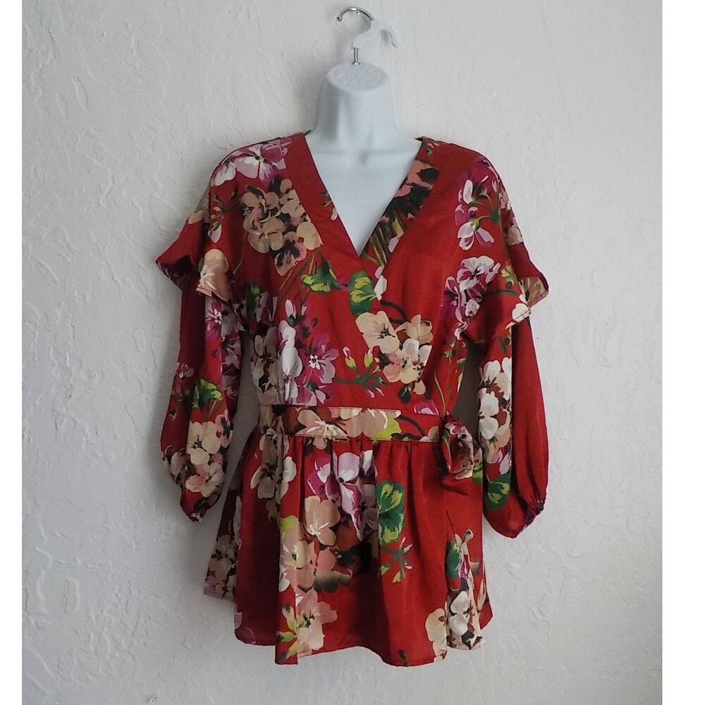 Entro Red Floral Wrap Tunic Kimono Women Sz Small 3/4 Sleeve Satin Festical Boho